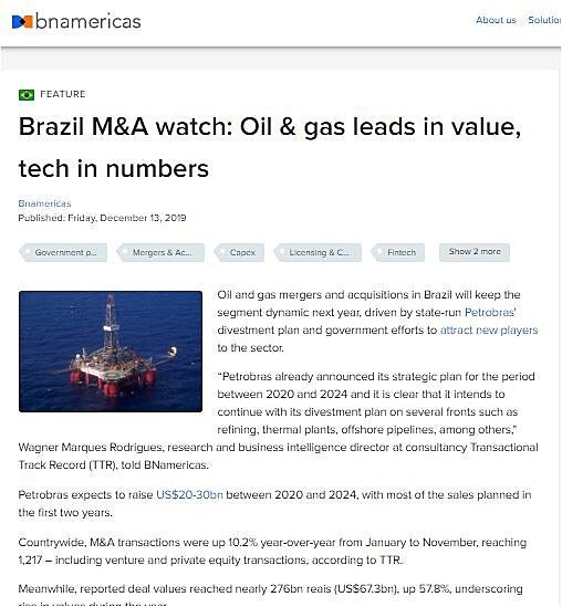 Brazil M&A watch: Oil & gas leads in value, tech in numbers